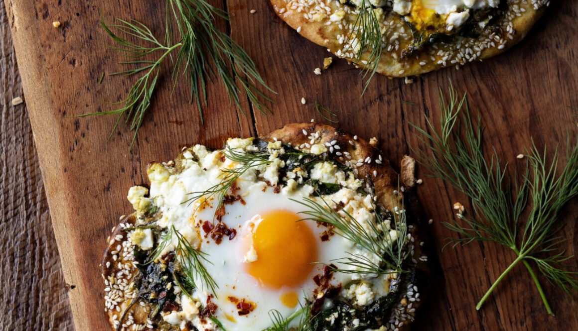 egg-spinach-pesto-feta-breakfast-pitas-with-chilli-oil-and-fresh-dill