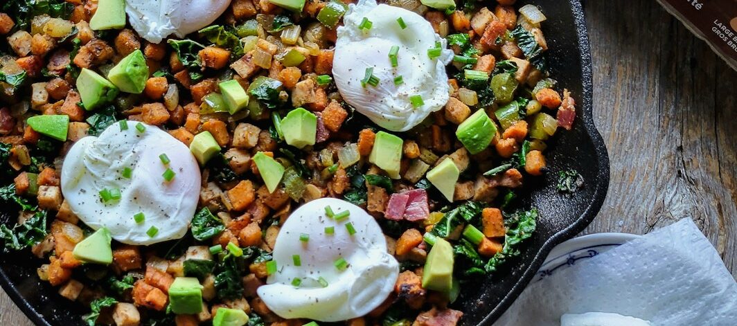 Turkey and Sweet Potato Hash with Poached Eggs